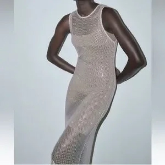 NEW Zara Diamond Rhinestone Mesh Maxi Dress - Picture 15 of 16